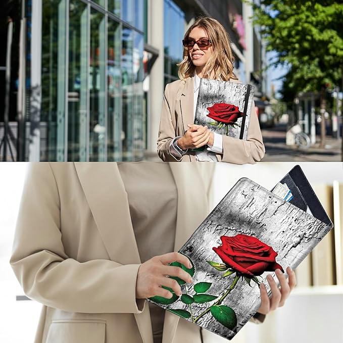 PU Leather Padfolio Clipboard Notepad with Pen Loop and Elastic Strap Interview/Resume Document Organizer for Business School Office,Elegant Red Rose