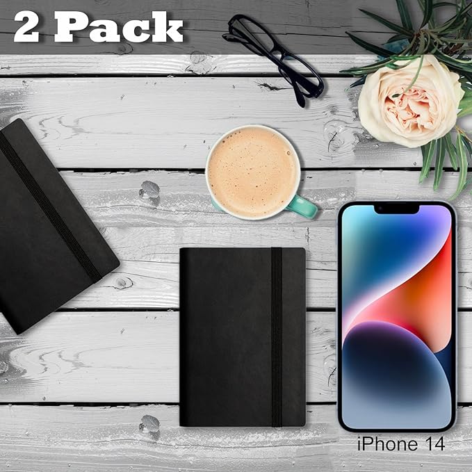 2 Pack Pocket Notebook Small Notebook, 3" x 4.4" Journal Notebook Hardcover with Thick Lined Paper, 200 Pages Leather Cover Mini Journal Notepad (Black)