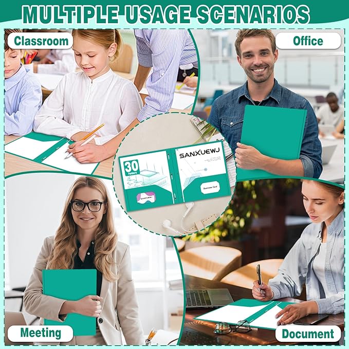 30 Pack Two Pocket Folders Business Card Holder Plastic Folders with Prongs for School Office Filing Cabinet Resume Portfolio (6 Colors)