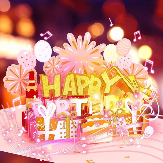 Elegant 3D Pop-Up Birthday Card with LED Lights – Blowable Candle & Music Greeting Card for Women, Mom, Daughter Pink Gold
