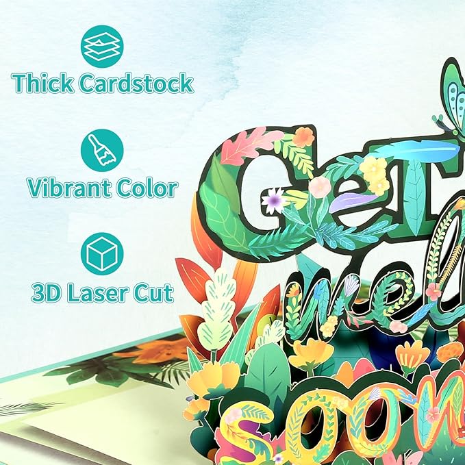 Get Well Cards with Envelope, Pop Up Get Well Soon Card Gifts for Women Men Kids After Surgery Sympathy Card