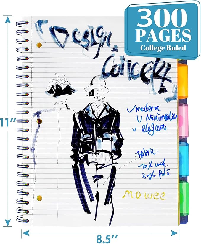 Spiral Notebook - 5 Subject Notebook, College Ruled Notebook With Dividers Pocket, Tabs Label, 11"Ruler, 300 Pages, for Writing Journal, Home & Office, School Supplies, 8.5''x11''Black 150sheets