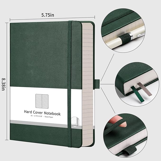AHGXG Lined Journal Notebook - 320 Numbered Pages Thick Journal for Writing A5 College Ruled Notebook, 100gsm Lined Paper, Leather Hardcover, for Women Men Work Office School, 5.75'' X 8.38''-Green