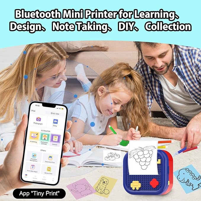 Mini Sticker Printer Building Block Bluetooth Smart Pocket Inkless Thermal Printer with 10 Rolls Paper,Colored Pen＆Sticker for iOS&Android,Portable Receipt Printer for Photo Journal Notes Memo