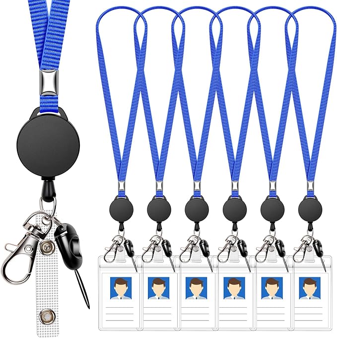 6 Pack Retractable Badge Lanyards and ID Badge Holder, Strap Lanyard with Swivel Metal Clasp for Badge Holders, Keychains, Offices, Staff, Students, Employees, Blue
