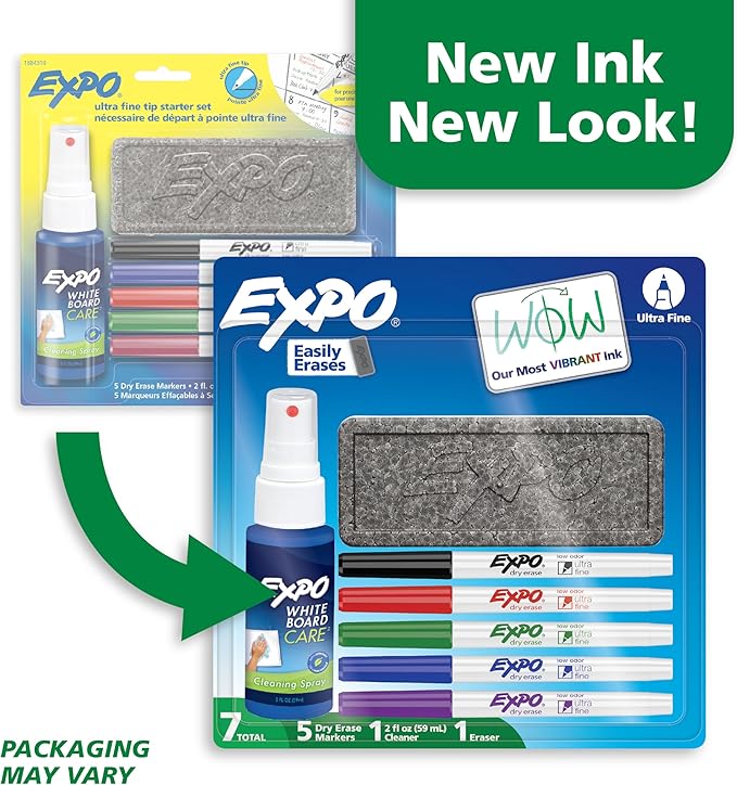 EXPO Dry Erase Markers Kit, Ultra Fine Tip, Assorted Colors, Eraser, Spray Cleaner, 7 Count