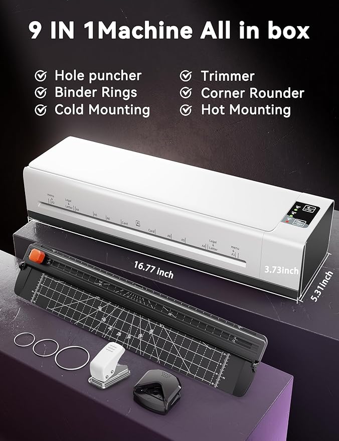 A3 Laminator Machine,13 Inch 9-in-1 Laminating Machine with Laminating Sheets,Thermal Laminator Hot & Cold with Fast Warm Technology for Home,Office or School Supplies,White