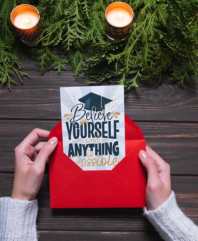 Graduation Card with Envelope - Thankful & Motivation Gold Glitter Card - Folded 5"x7" Single Card For Grad, High School, College, Nursing, Middle school, Kindergarten Gift Card