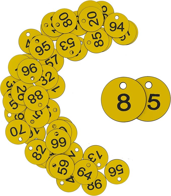 StayMax Plastic ID Number Tags Engraved Tags Key Tags Without Key Rings (1-50, Yellow)