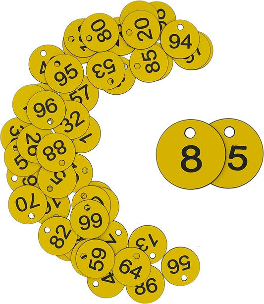 StayMax Plastic ID Number Tags Engraved Tags Key Tags Without Key Rings (1-100, Yellow)
