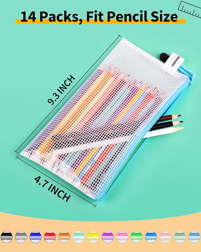 Smarpau 14pcs Zipper Pouch, 14 Colors 9.3" x 4.7" Mesh Pencil Pouches, Plastic Pencil Case Waterproof Zipper Bags for Cosmetic,Travel, Office Storage
