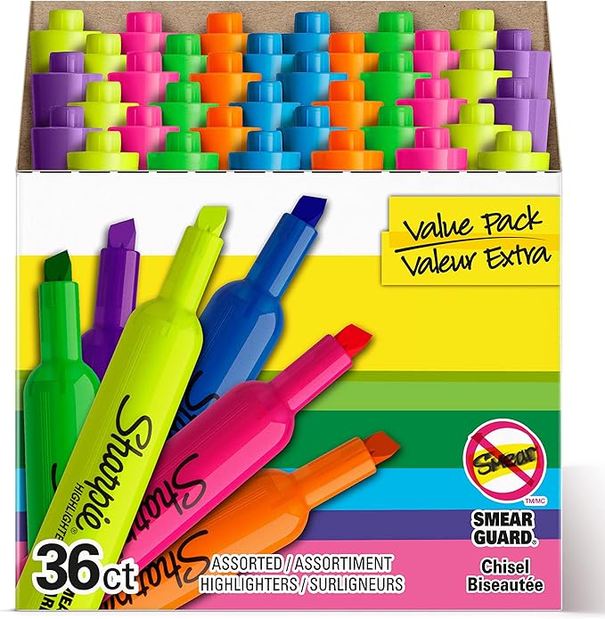 Sharpie Tank Highlighters, Fluorescent And Pastel Highlighters, Chisel Tip Highlighter Markers Set, Teacher And Office Supplies, School Supplies, Assorted Color, Value Pack, 36 Count