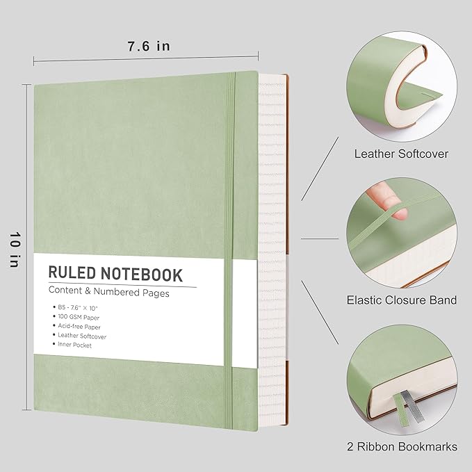 RETTACY Journaling Notebooks, B5 Lined Journal Notebook with 320 Numbered Pages, 7.6" × 10", Medium, Journal Notebook for Writing, Work, School, Leather Softcover, 100 GSM Thick Paper (Light Green)