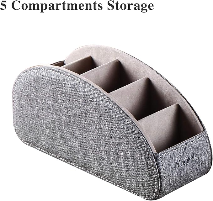 TV Remote Control Holder with 5 Compartments,Pu Leather Remote Caddy/Box/Tray Bedside Table Desk Storage Organizer for DVD, Blu-Ray, Media Player, Heater Controllers and Cosmetics Office Supplies