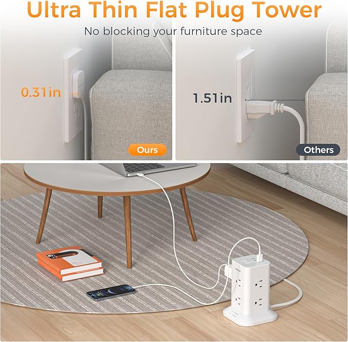 Surge Protector Power Strip Tower 10 FT, TESSAN Flat Plug Extension Cord with 8 AC Outlets 3 USB Ports (1 USB C), 1700J Protection Desk Charging Station for Home, Office Supplies, Dorm Room Essentials