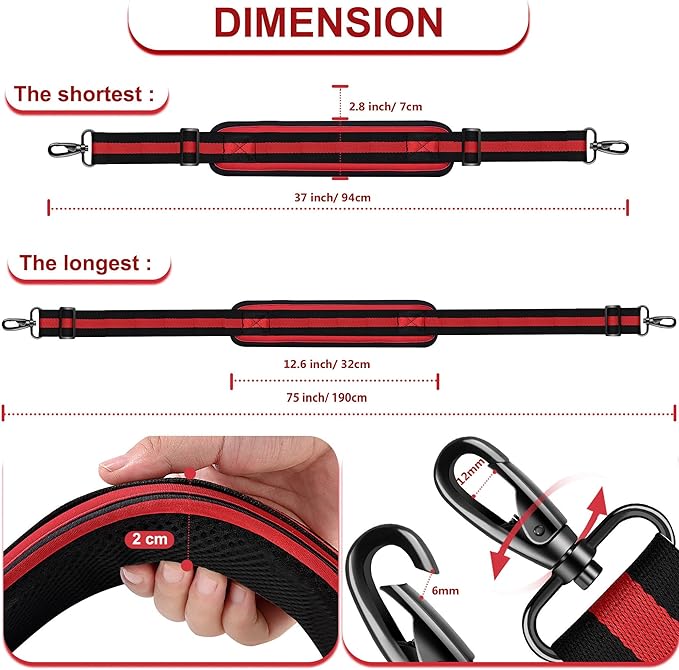 ZINZ 75" Shoulder Strap with Fixed Pad and Dual Balanced Buckles，Black-Red-Black Stripe