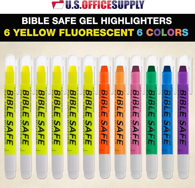 U.S. Office Supply Bible Safe Gel Highlighters, Pack of 12 - Set with 6 Bright Neon Yellow Highlight Colors Plus 6 Colors, Orange, Pink, Purple, Green, Blue - Won't Bleed, Fade or Smear - Study Guide