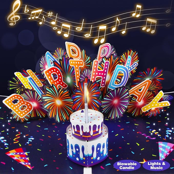 Birthday Cards Fireworks 3D Pop Up Blowable Cake Light Music Happy Birthday Card Gifts for Women,Men, Mom, Kids