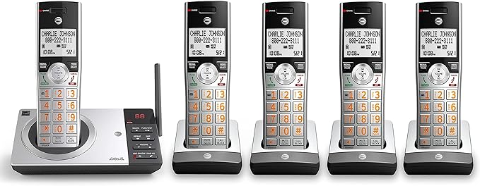 AT&T CL82507 DECT 6.0 5-Handset Cordless Phone for Home with Answering Machine, Call Blocking, Caller ID Announcer, Intercom and Long Range, Silver (CL82507)