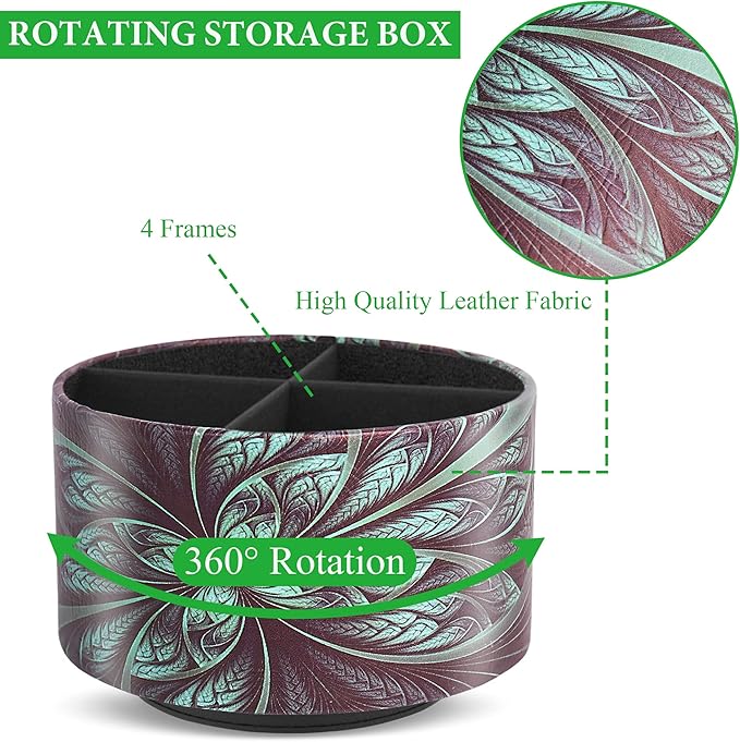 lizimandu Round Leather Art Supply Organizer,Remote Control Holder,360 Degree Rotating,Multi-Functional Pencil Holder,4 Compartments Desktop Stationary Organizer(1-Green Flower)