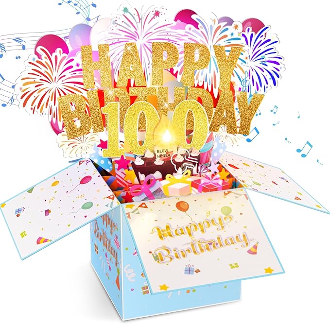 Tnvee 100TH Birthday Cards with Lights & Music & Candle, 3D Pop Up Singing Happy Birthday Greeting Cards Gfits for 100 Years Old Women Man Mom Dad Grandma Grandfa