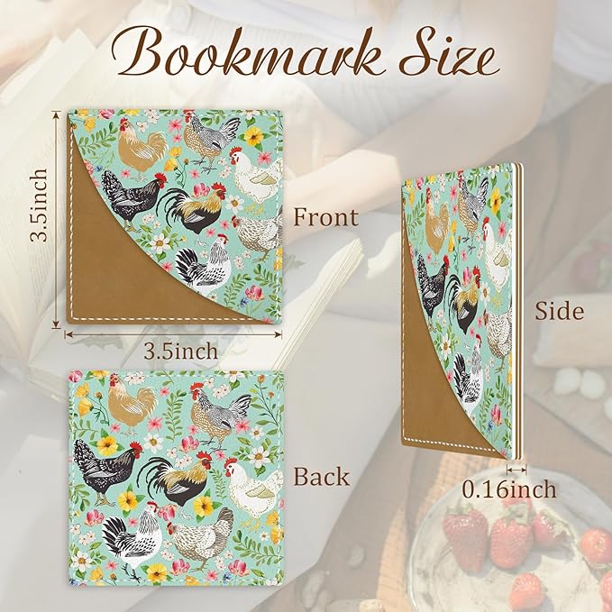 Farm Chicken Rooster Corner Bookmarks, Cute Leather Book Accessories for Book Lovers, 3 Pcs Reading Book Page Markers for Women Men Student Teacher Girls Boys Kids Retirement Birthday Gifts