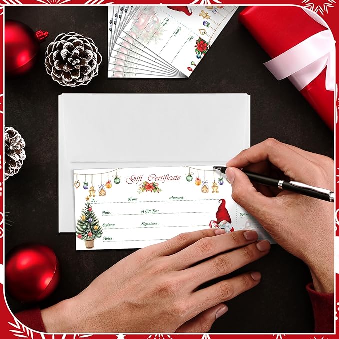 Sinmoe 50 Sets Gift Certificate for Business with 50 Pcs Envelopes Blank Gift Certificate Cards with Name and Address Rustic for Beauty Salon Restaurants Birthday (Xmas Style,4.72 x 2.36 Inch)