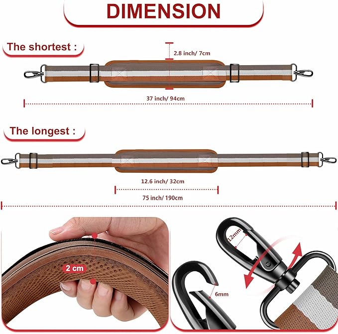 ZINZ 75" Shoulder Strap with Fixed Pad and Dual Balanced Buckles，Brown-White-Gray Stripe