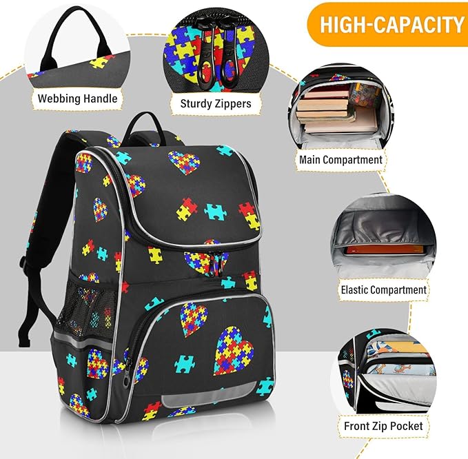 Autism Awareness Colorful Puzzle Backpack with Reflective Strip for Kids Boys Girls Elementary School Bag Removable Chest Strap