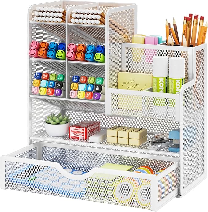 Marbrasse Mesh Pen Holder for Desk, Multi-Functional Pencil Organizer with Drawer, Desk Organizers and Accessories for Office Art Supplies (White)
