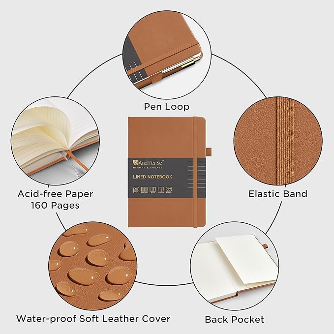 A5 Lined Leather Journal and Pen Set, Hardcover Notebook with Pen, 160 Pages 100gsm Thick Ruled Paper for Men Women, for Work, Business, School or Home Writing, 5.7'' x 8'' (Light Brown-Set1)