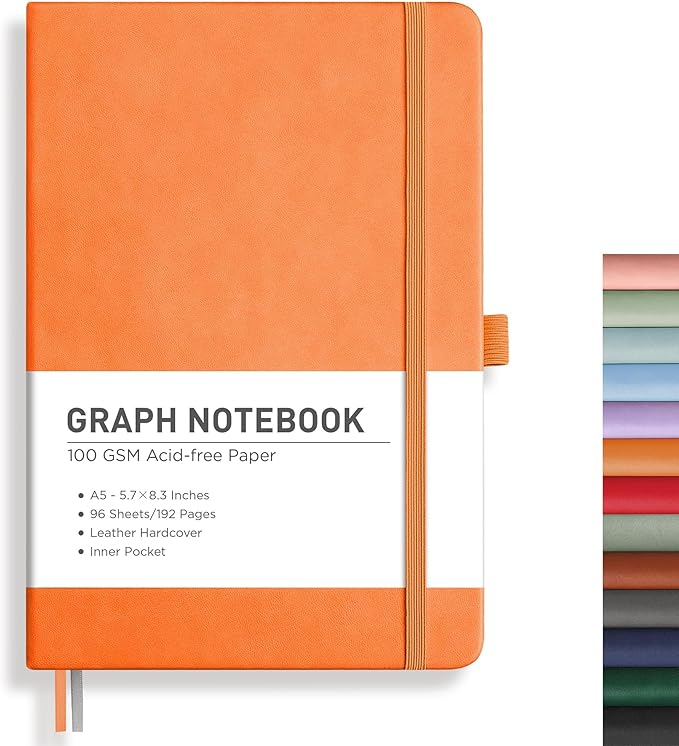 RETTACY Graph Paper Notebook, A5 Grid Notebook Journal with 192 Pages, 5.7'' × 8.3'', Medium Size, Leather Hardcover, 100 GSM Thick Paper, for Students, Homework, Math, Engineering (Orange)