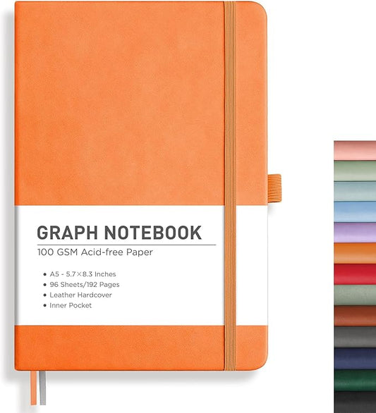 RETTACY Graph Paper Notebook, A5 Grid Notebook Journal with 192 Pages, 5.7'' × 8.3'', Medium Size, Leather Hardcover, 100 GSM Thick Paper, for Students, Homework, Math, Engineering (Orange)