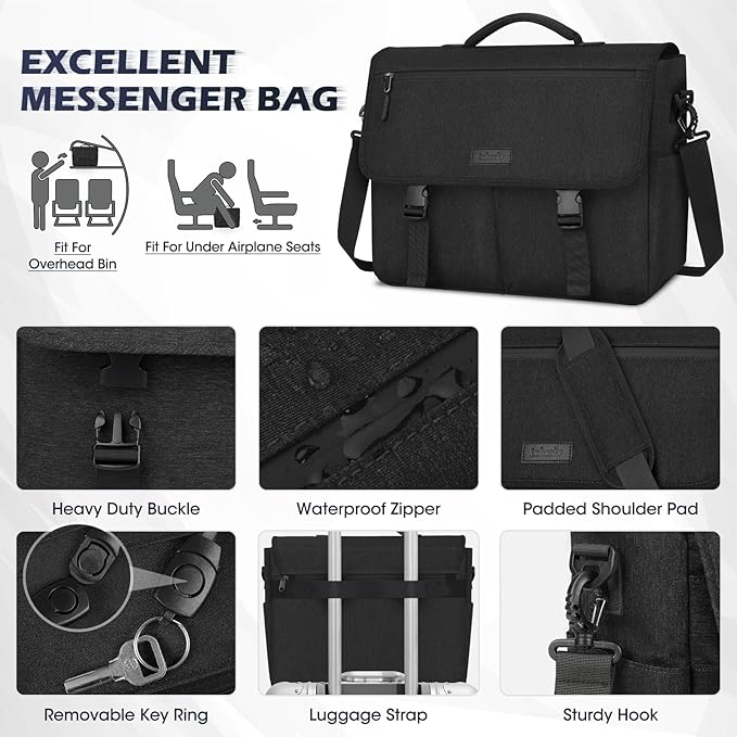 NEWHEY Messenger Bag Laptop Briefcases for Men 15.6 Inch Laptop Bag Water-resistant Computer Bag Lightweight Shoulder Handbag Satchel Bags for Work Business Travel College,Black