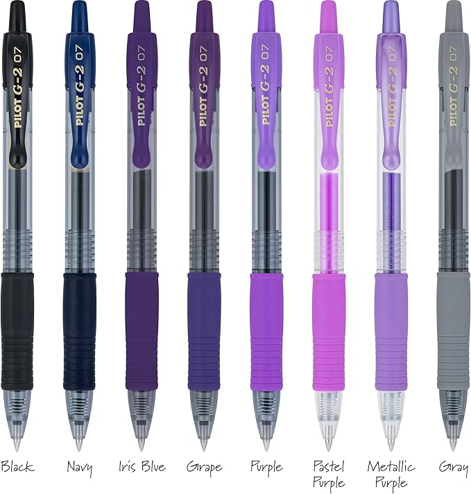 PILOT, G2 Premium Gel Roller Pens, G2 Boost Purples Pack, The Colors of Creativity, 8 Pack Pouch, Fine Point 0.7 mm, Assorted
