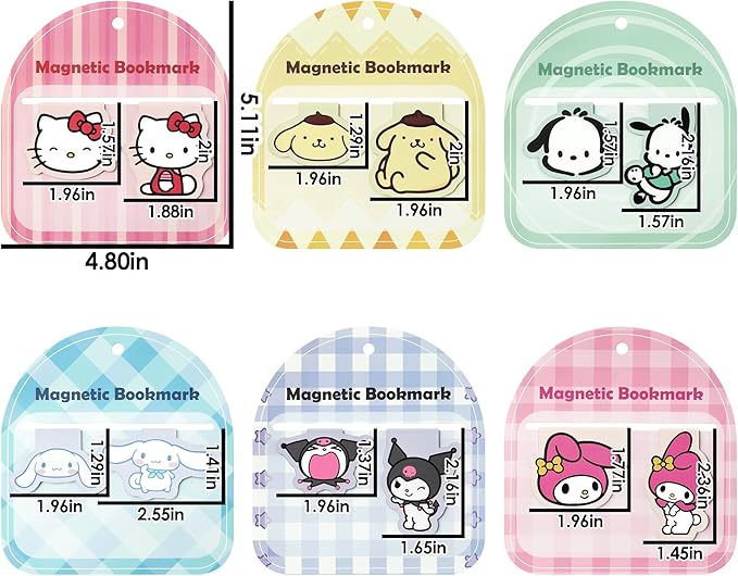 12Pcs Cute Magnetic Bookmarks Kawaii Cartoon Anime Kitty Melody Cinnamon Book Markers Page Clips School Office Stationery Supplies Gift for Kids Students Reading Lovers Bookworm Reader
