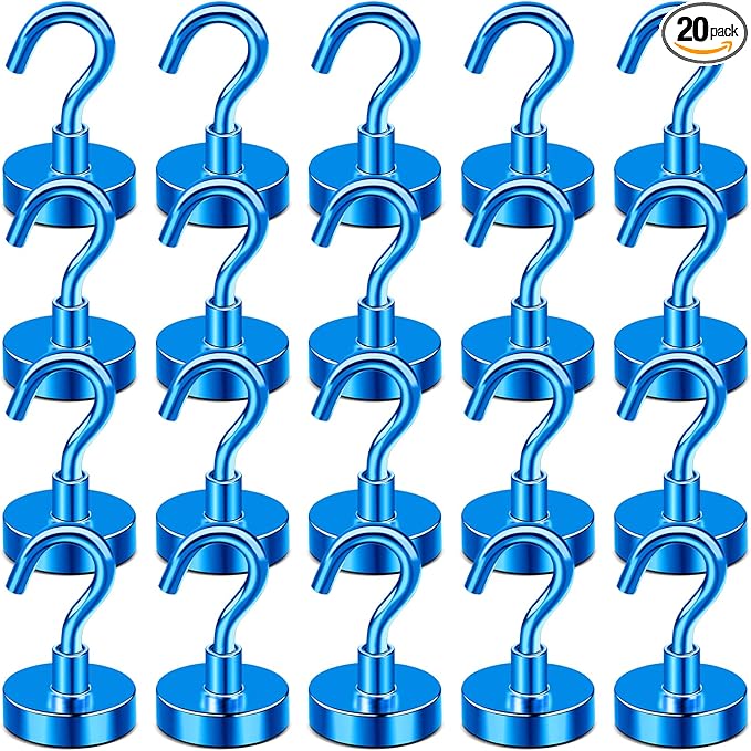 DIYMAG Blue Magnetic Hooks, 50 LB Heavy Duty Strong Magnets with Hooks, Strong Rare Earth Neodymium Magnet Magnetic Hooks for Cruise Cabins Cruise Ship Essentials 20 Packs