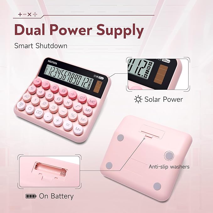 True Mechanical Switch Calculator,12 Digits, Large LCD Display,Big Buttons,Solar and Battery Dual Power Mechanical Keyboard Desktop Pink Calculators,Cute and Aesthetic (Pink, Large)