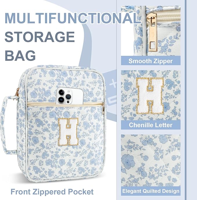 Personalized Initial Bible Cover Case for Women Girls Kid - Large Quilted Bible Case with Handle, Stylish Chenille Letter Bag Study Supplies, Perfect Christmas Gifts for Christians (Blue Flower-H)