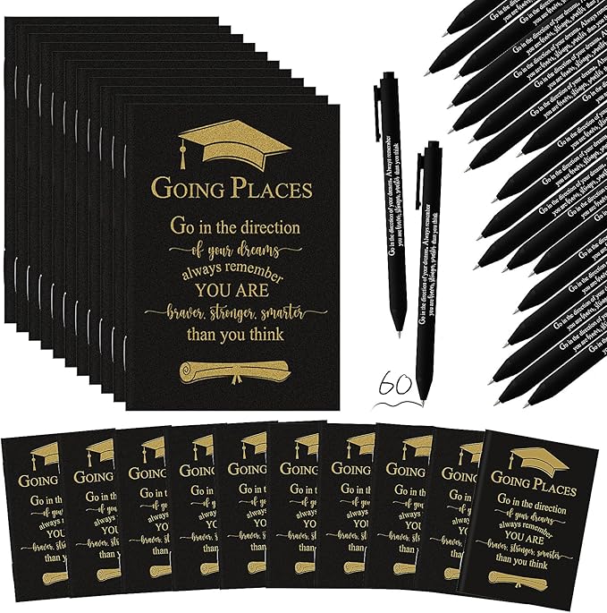 Kosiz 120 Pcs Graduation Gifts Motivational Mini Journal Inspirational Bamboo Pen Kraft Notebooks Bulk Wooden Retractable Ballpoint Pen for Class of 2025 College Gifts (Black)