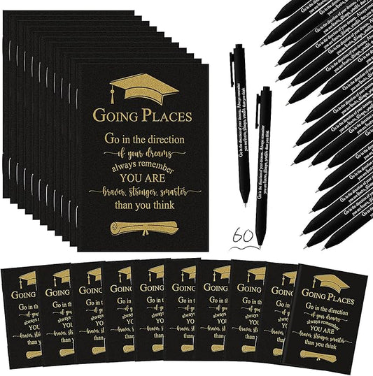 Kosiz 120 Pcs Graduation Gifts Motivational Mini Journal Inspirational Bamboo Pen Kraft Notebooks Bulk Wooden Retractable Ballpoint Pen for Class of 2025 College Gifts (Black)