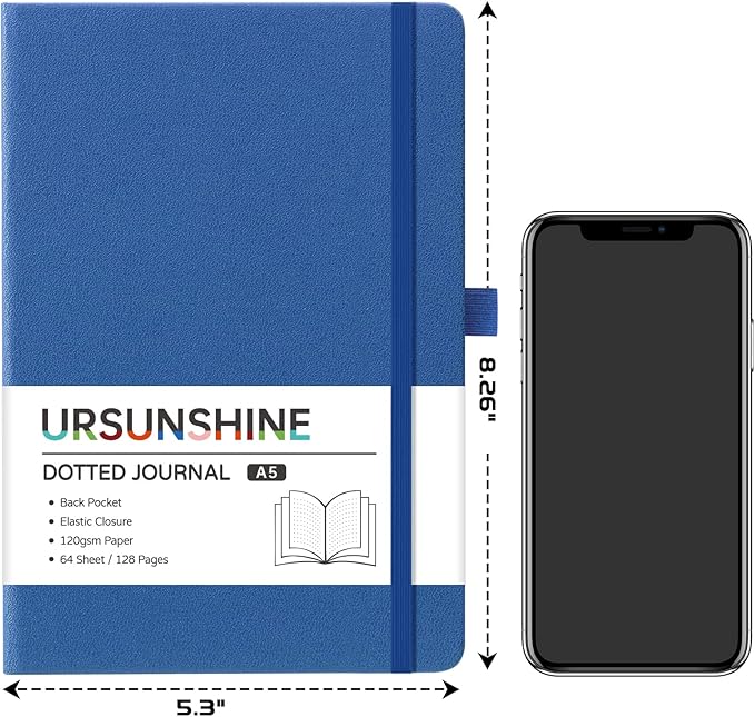 Dotted Journal/Notebook - Dot Grid Hard Cover Notebook, Premium Thick Paper with Fine Inner Pocket, Black Smooth Faux Leather, Pen Loop, 5.3'' x 8.26'' - Violet