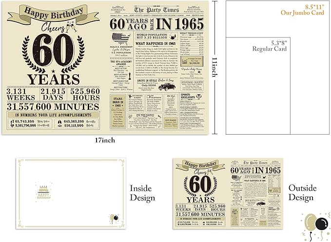Funny 60th Birthday Gifts for Women Men, Jumbo 60th Birthday Card for Men, Happy 60th Birthday Card for Mom Dad Grandma, Gifts for 60 Year Old Woman, Vintage Back in 1965, 60th Birthday Decorations