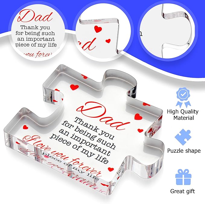 VELENTI Dad Birthday Gift - Engraved Acrylic Block Puzzle Gifts for 3.35 x 2.76 inch Cool Presents from Daughter, Son, Mom Heartwarming Men Gift, Ideas