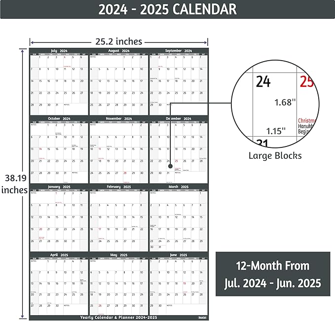 Yearly Wall Calendar 2024-2025 - Large Yearly Calendar Vetical, Jul 2024 - Jun 2025, 25.2" x 38.2" (Open), 2024-2025 Calendar, Large Wall Calendar, Full Year Paper Calendar with Notes, Thicker Paper
