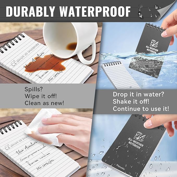 POPYOLA 6 Pack Waterproof Pocket Notebook, 3x5 Pocket Notepad, All Weather Mini Spiral Notepad, Write in the Rain Police Notepad with 100 Squared Pages for Outdoor Home Office School, Grey