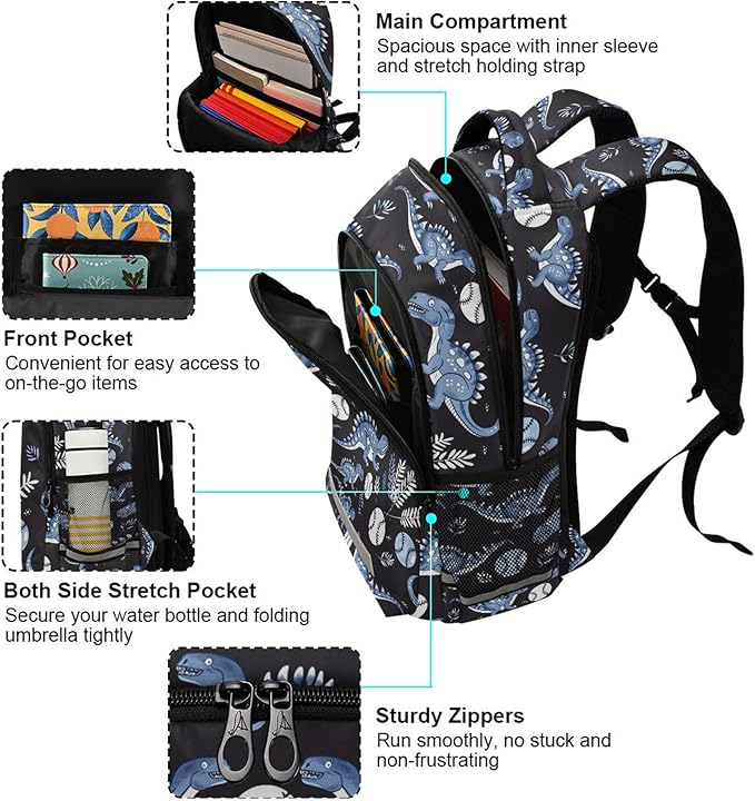 MNSRUU Laptop Backpack with Chest Strap, Dinosaur Baseball Cartoon School Backpack, Travel Hiking Backpack for Boys Girls Teen Adult, Rucksack, Knapsack