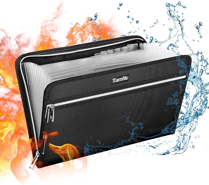Fireproof Safe Accordion File Organizer Bag Folder,Waterproof Expanding Filing Folder with 14 Pockets, A4 Letter Size, Document Organizer Holder and Color Labels /2 Zipper (Black 14.3" x 9.8")