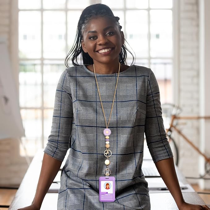 Colorful ID Badge Holder with Silicone Beads Lanyard Set,Cute Teacher Breakaway Lanyard for Keys & Keychain with Cute Retractable Badge Reel Holder,Gift for Women,Nurse, Teacher. (Purple Daisy)