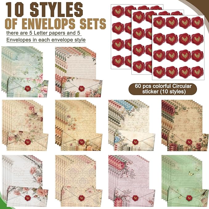 TaoBary 160 Packs Stationery Paper Set (50 Double Sided Stationery Writing Papers 50 Matching Envelopes) 60 Round Dot Sticker, 10 Design(Vintage Floral,8.5 x 11 Inch)